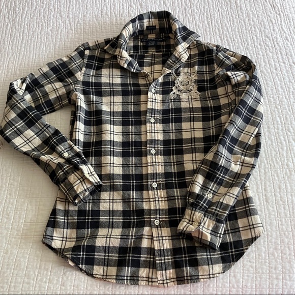 Ralph Lauren blue label cotton/wool button down plaid shirt w/beaded logo shield - Picture 3 of 11